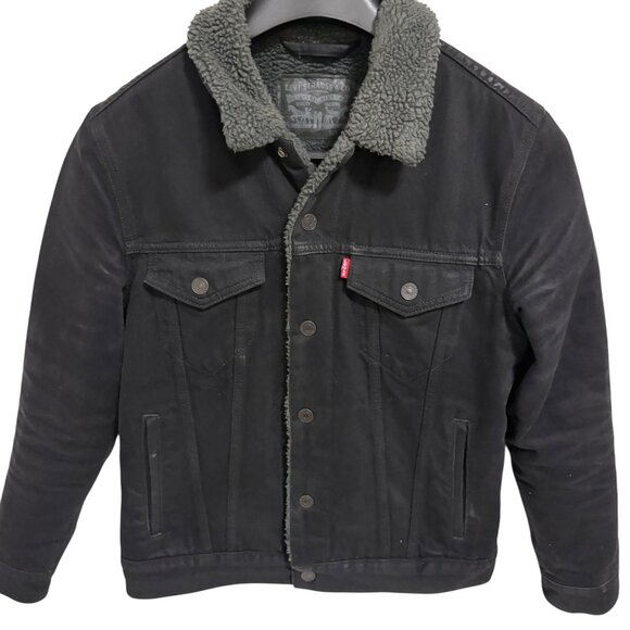 Levi’s Men’s Sherpa Denim Trucker Jacket Black & Grey Wool Lining Size Small - Picture 1 of 8